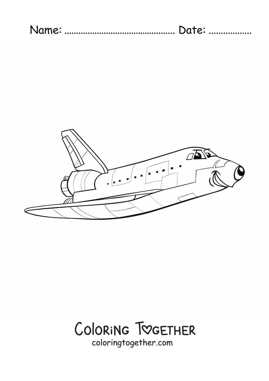 Coloring page of a cartoon space shuttle
