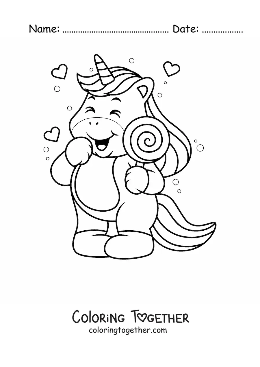 Coloring page of a unicorn with a spiral lollipop and hearts in the background