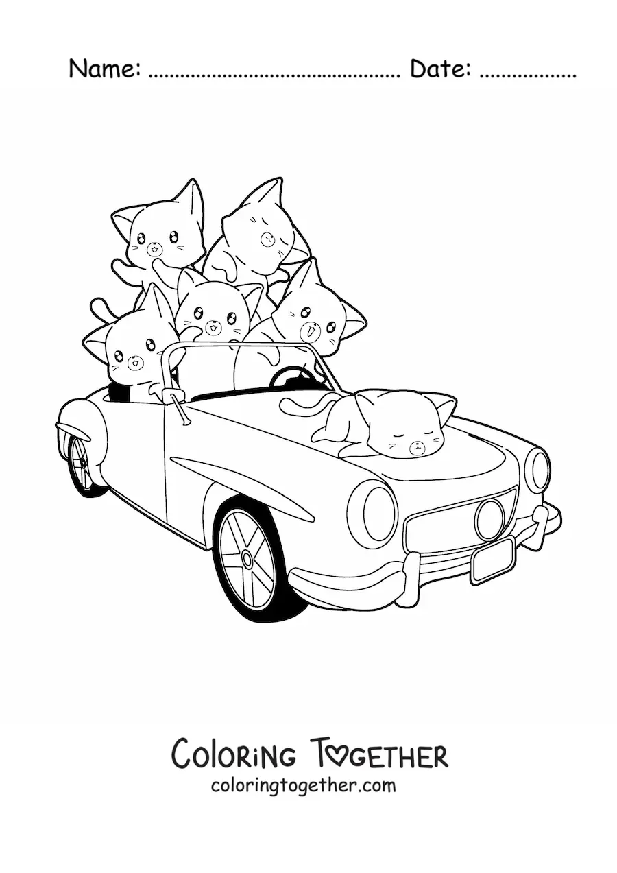 Coloring page of cute kittens in a car