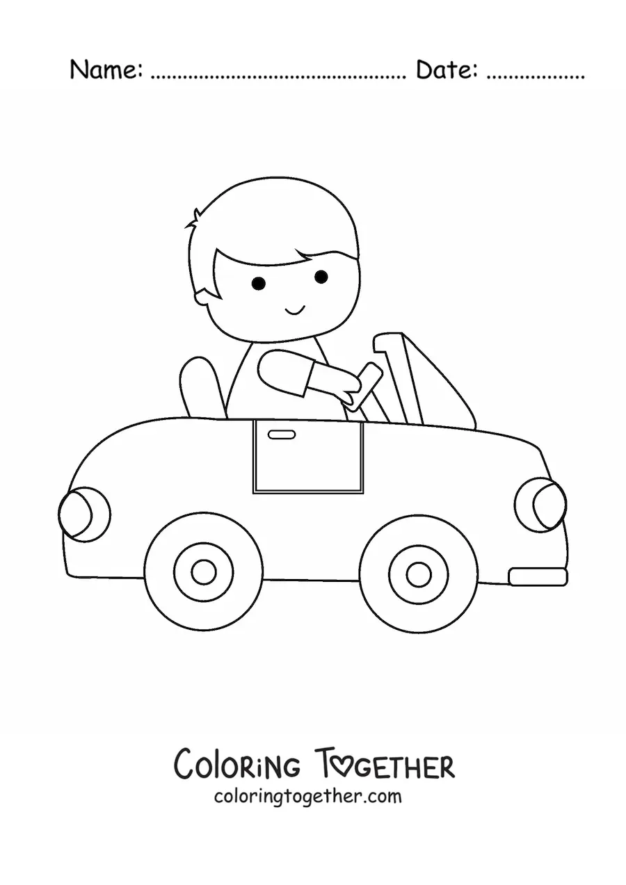 Coloring page of a kawaii boy driving a car