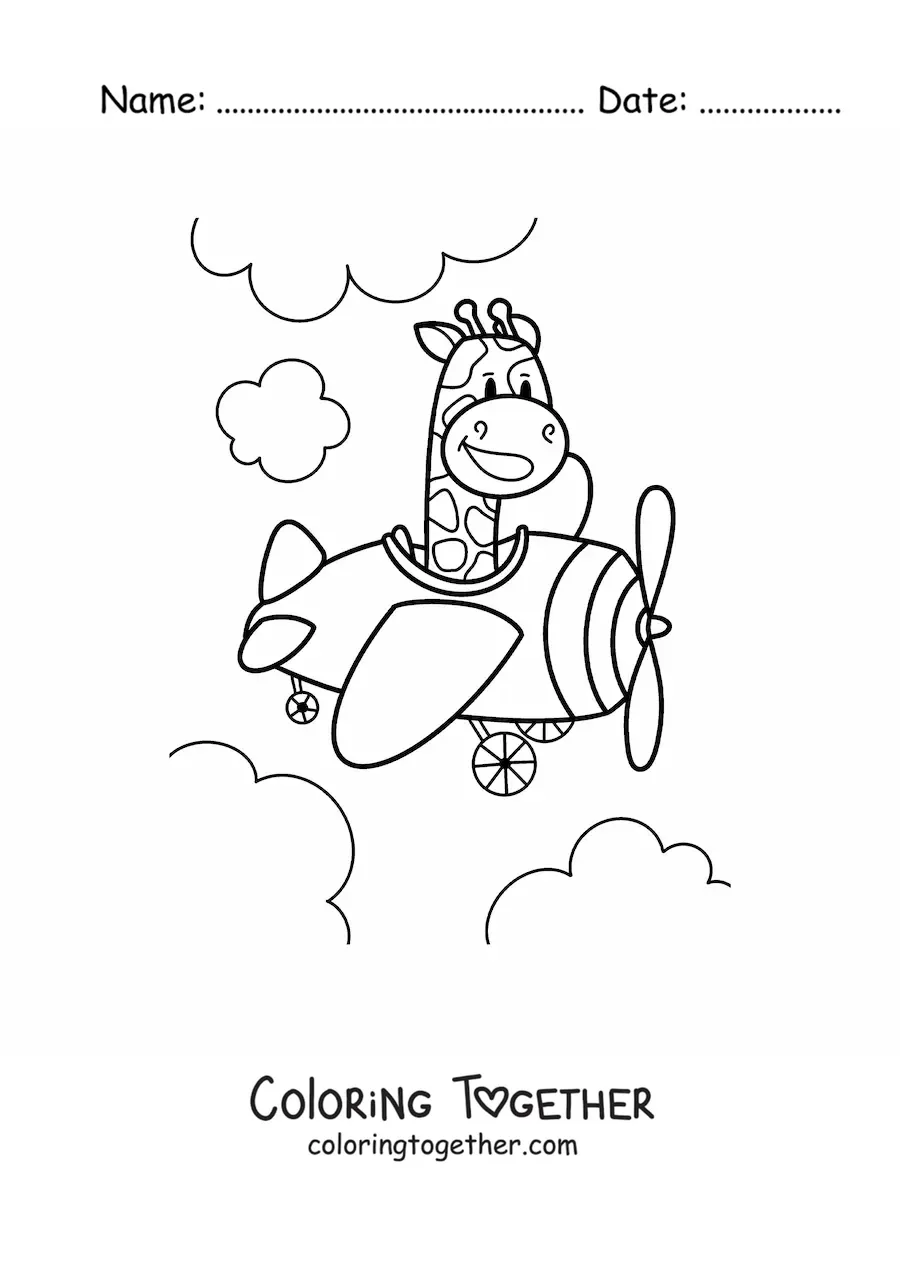 Coloring page of a cartoon kawaii giraffe flying a plane