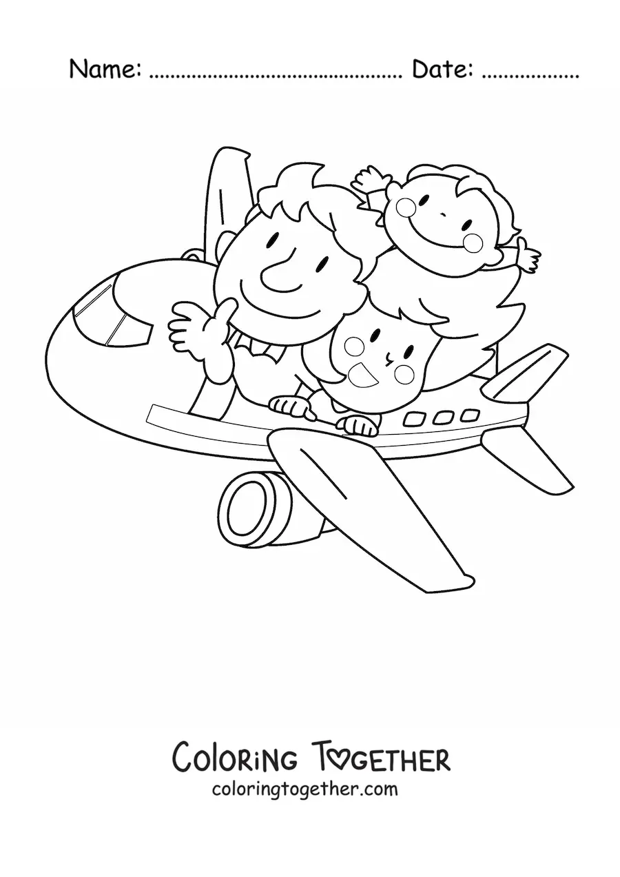 Coloring page of a kawaii family traveling on a plane