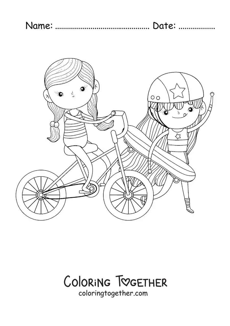 Coloring page of a girl on a bike