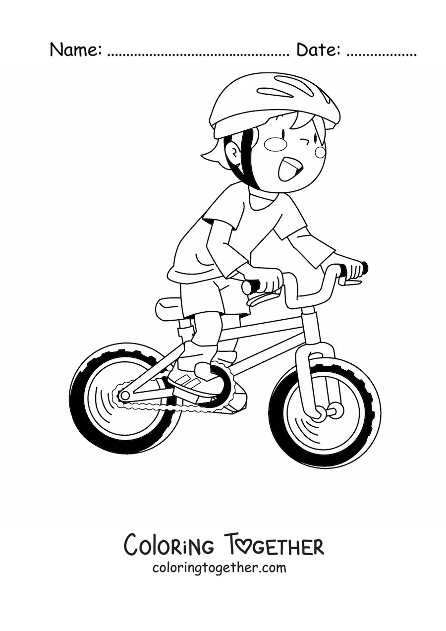 Coloring page of a kawaii boy on a bike