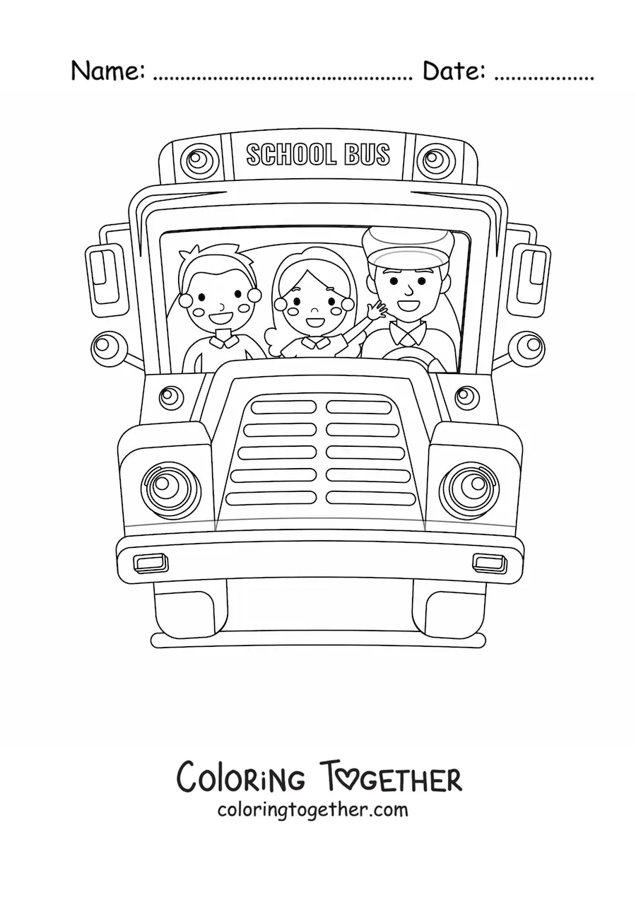 Coloring page of a school bus with students