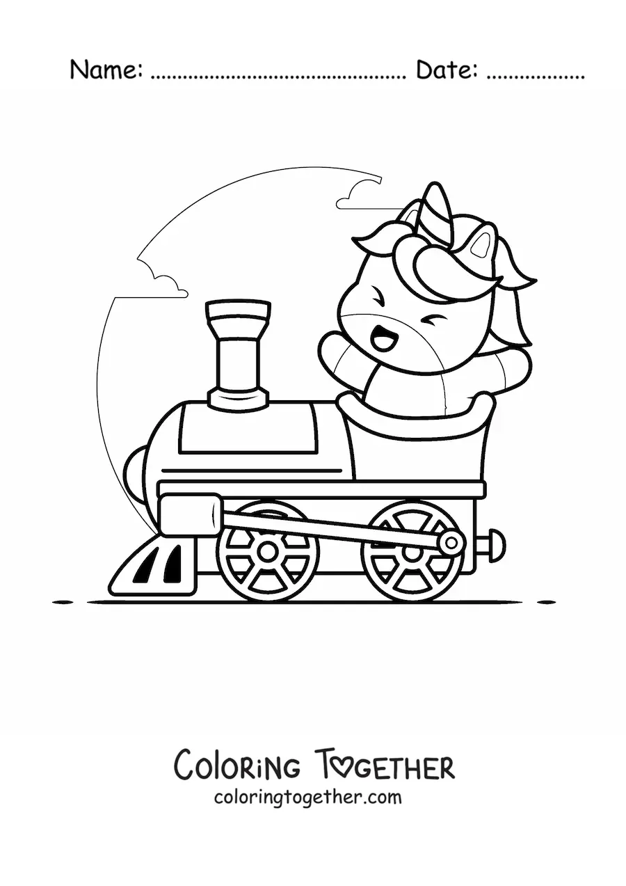 Coloring page of a kawaii unicorn on a train