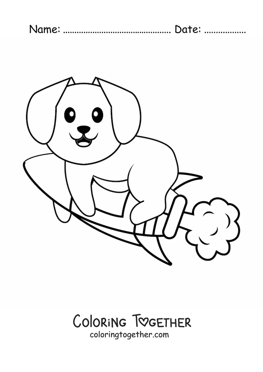 Coloring page of a cartoon dog in a rocket