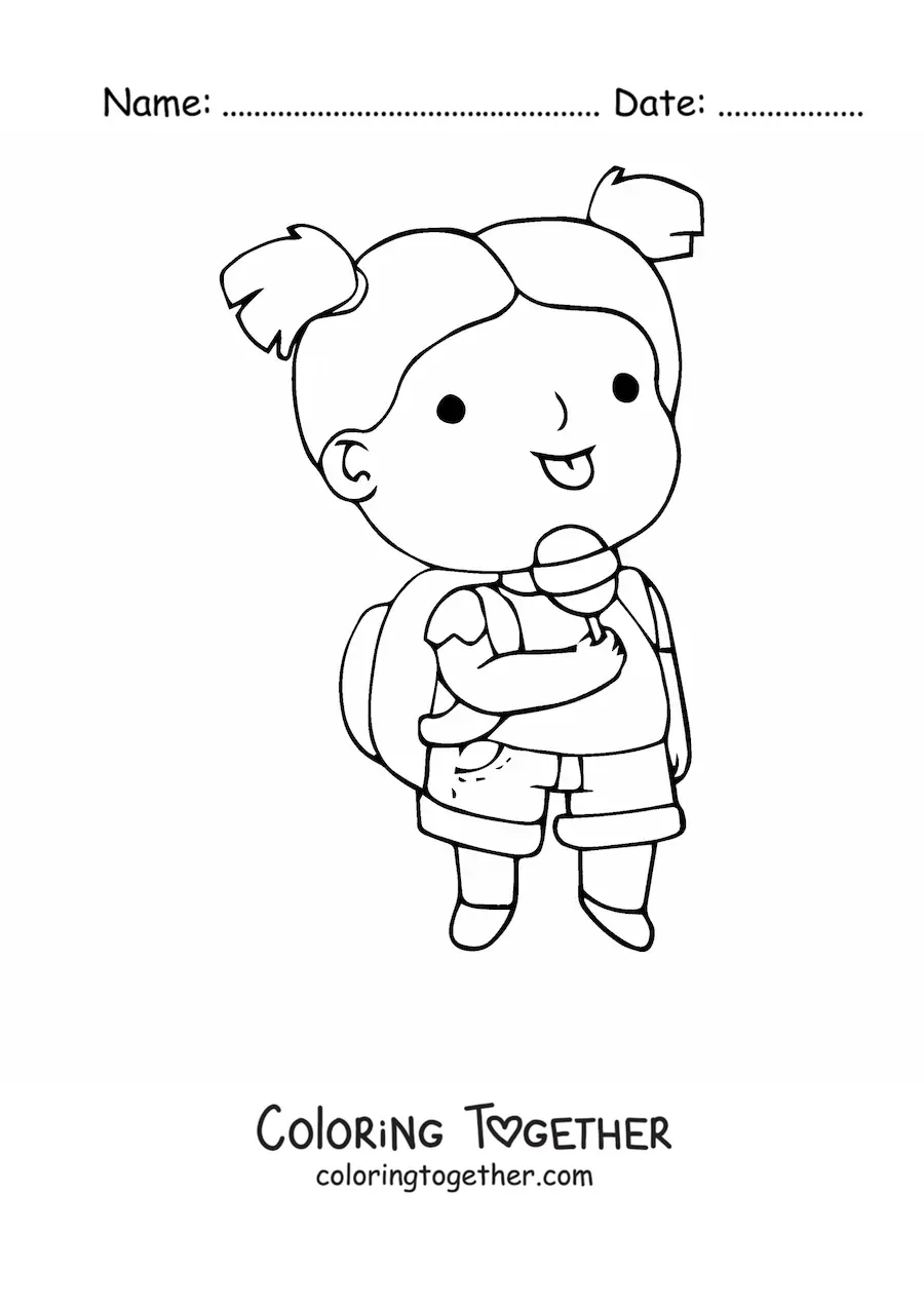 Coloring page of a girl eating a lollipop