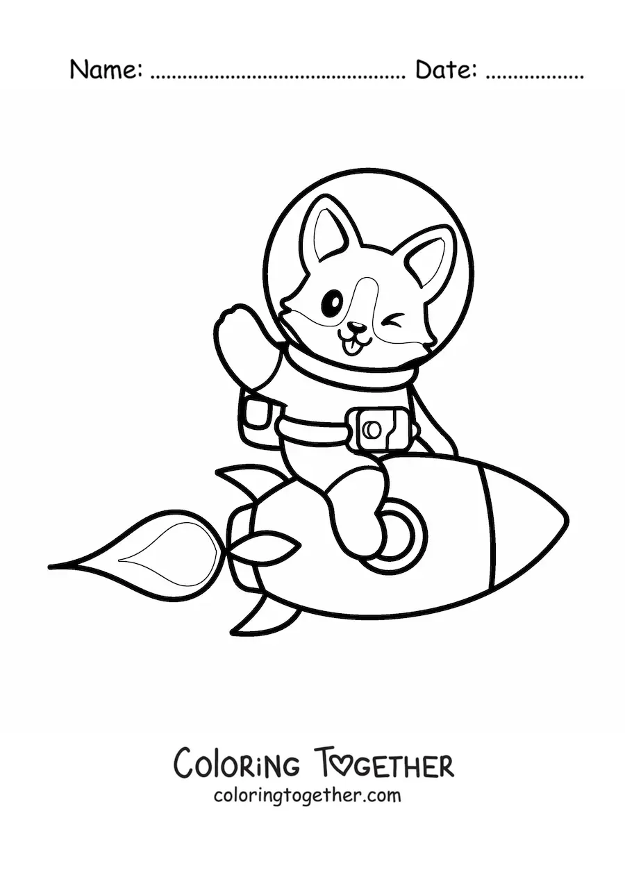 Coloring page of a kawaii astronaut dog in a rocket