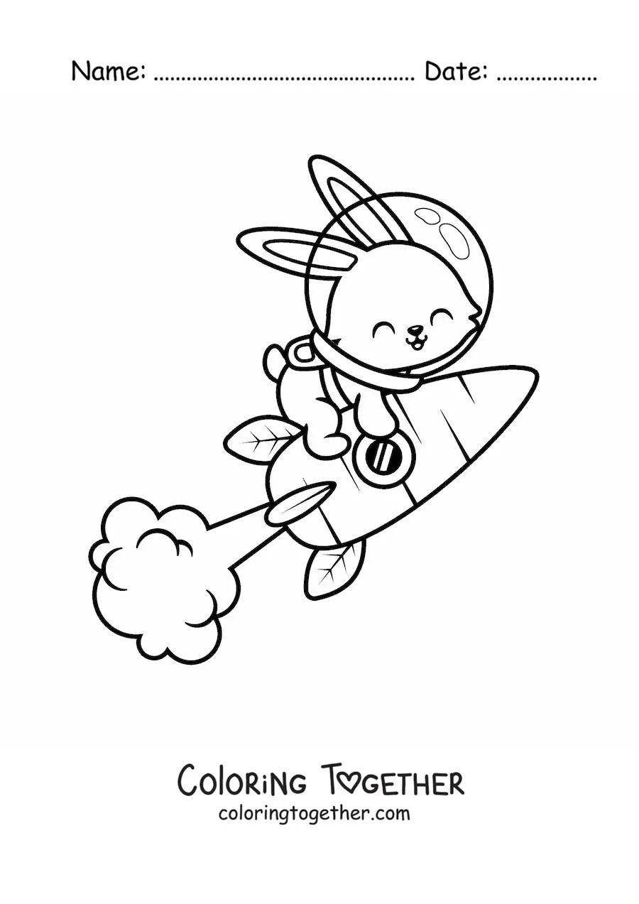 Coloring page of a cartoon rabbit in a carrot rocket
