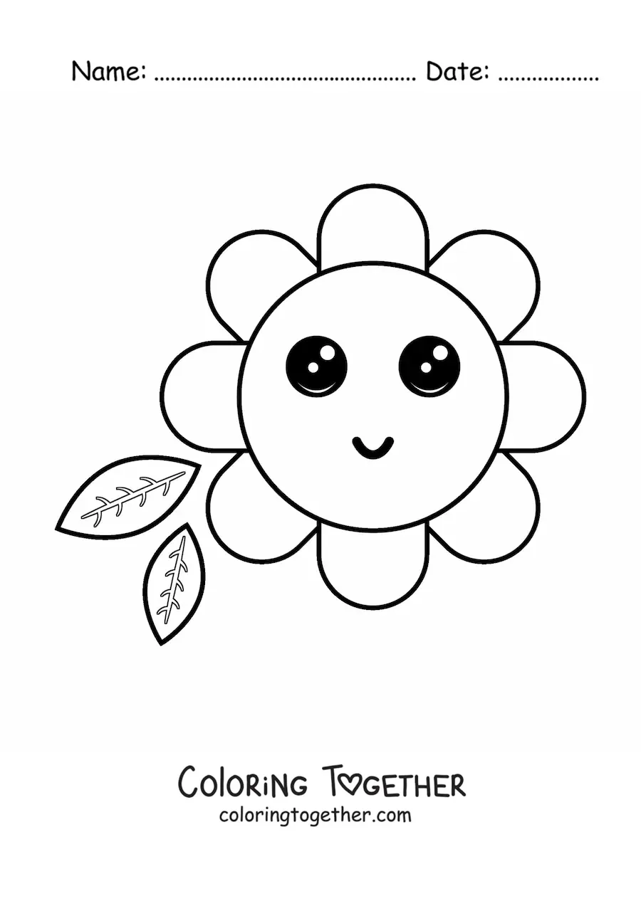 Coloring page of a big kawaii flower with leaves