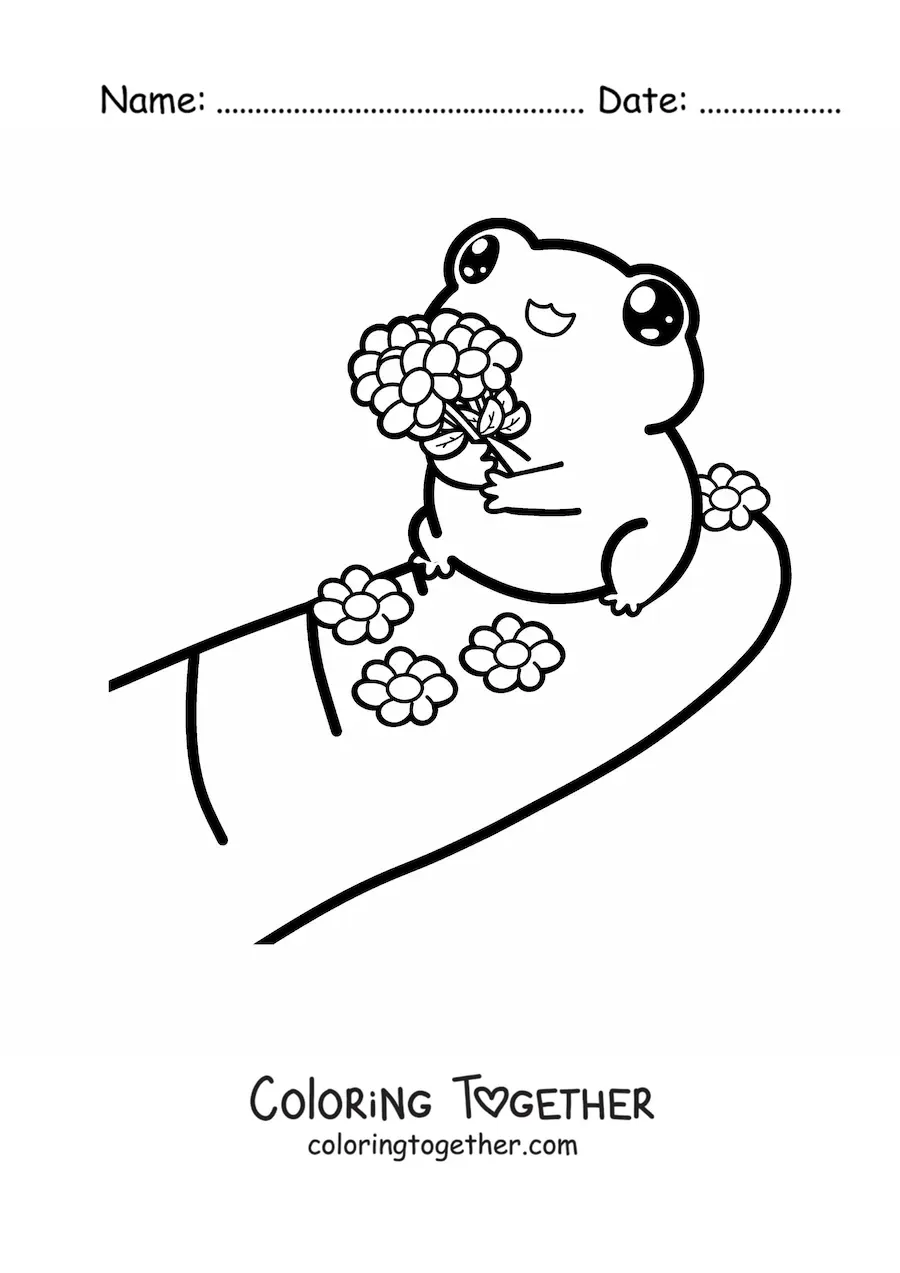 Coloring page of a kawaii frog with flowers