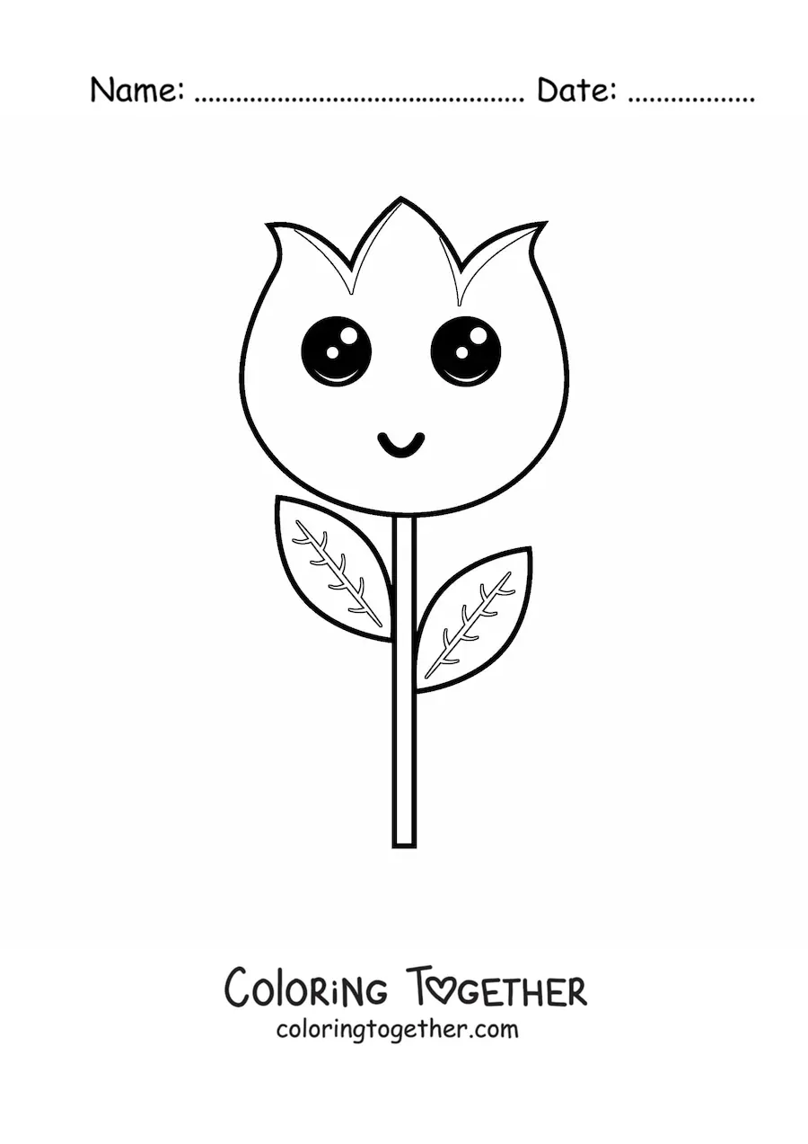 Coloring page of a big kawaii tulip with leaves