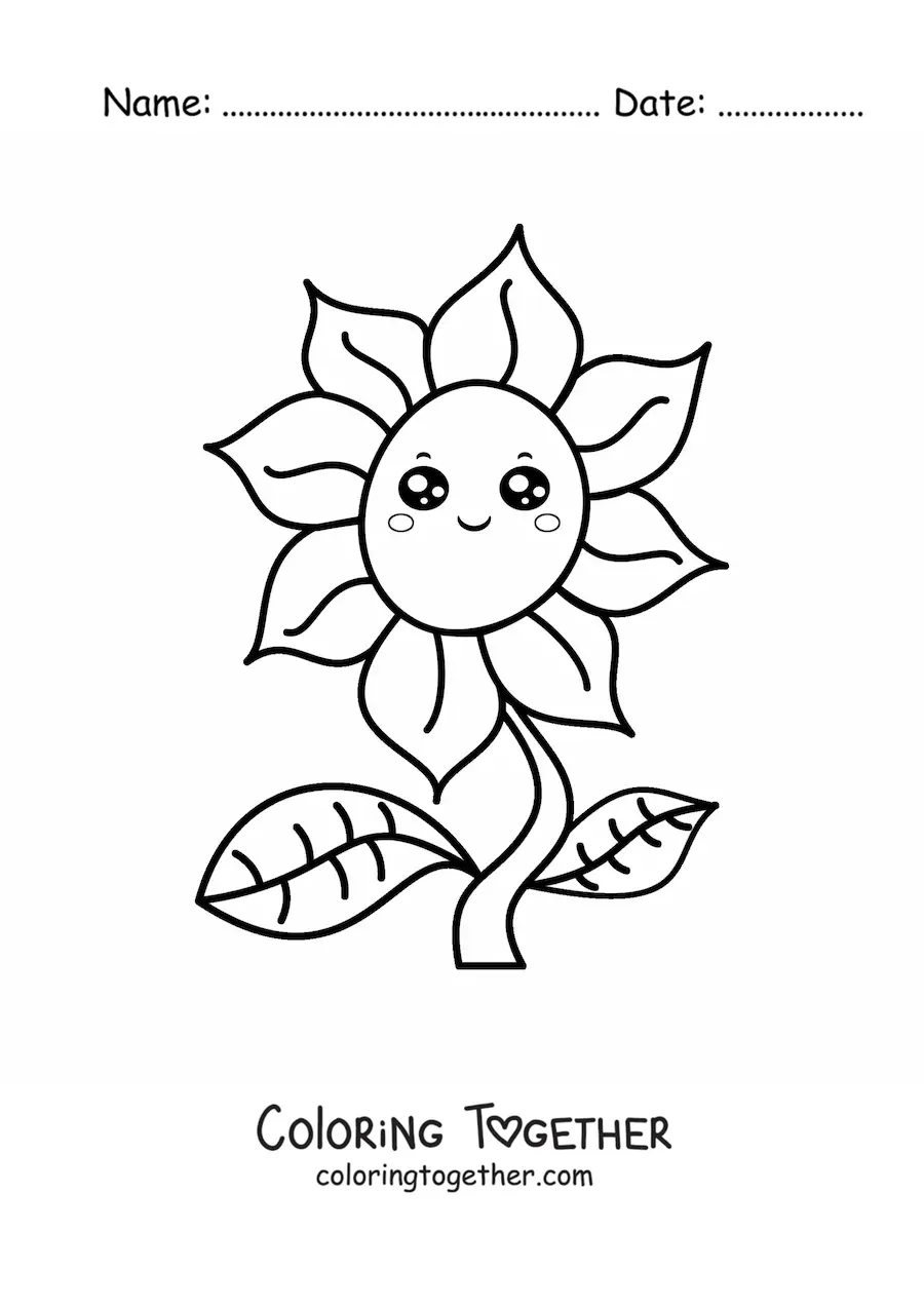 Coloring page of a big cartoon kawaii flower with leaves