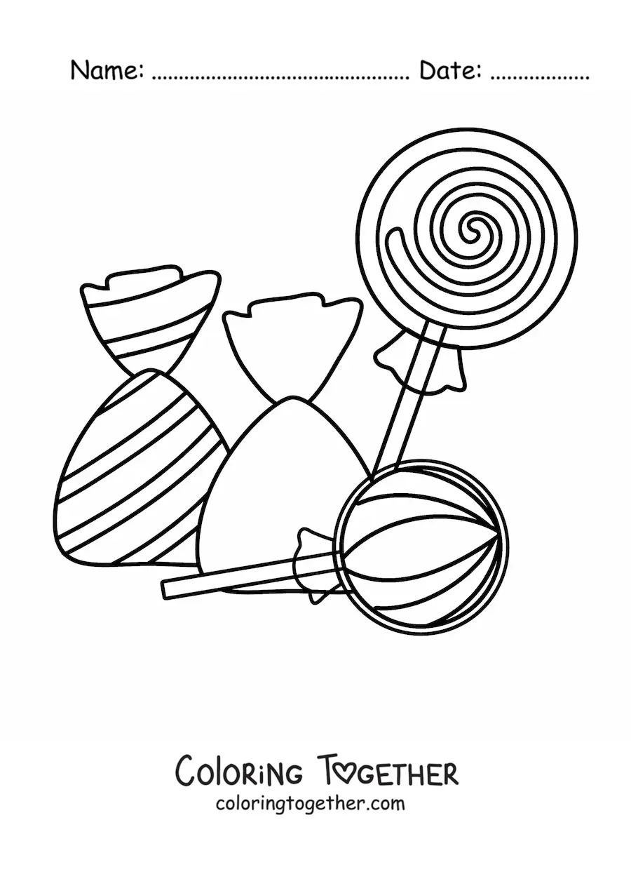 Coloring page of lollipops and bags of candy