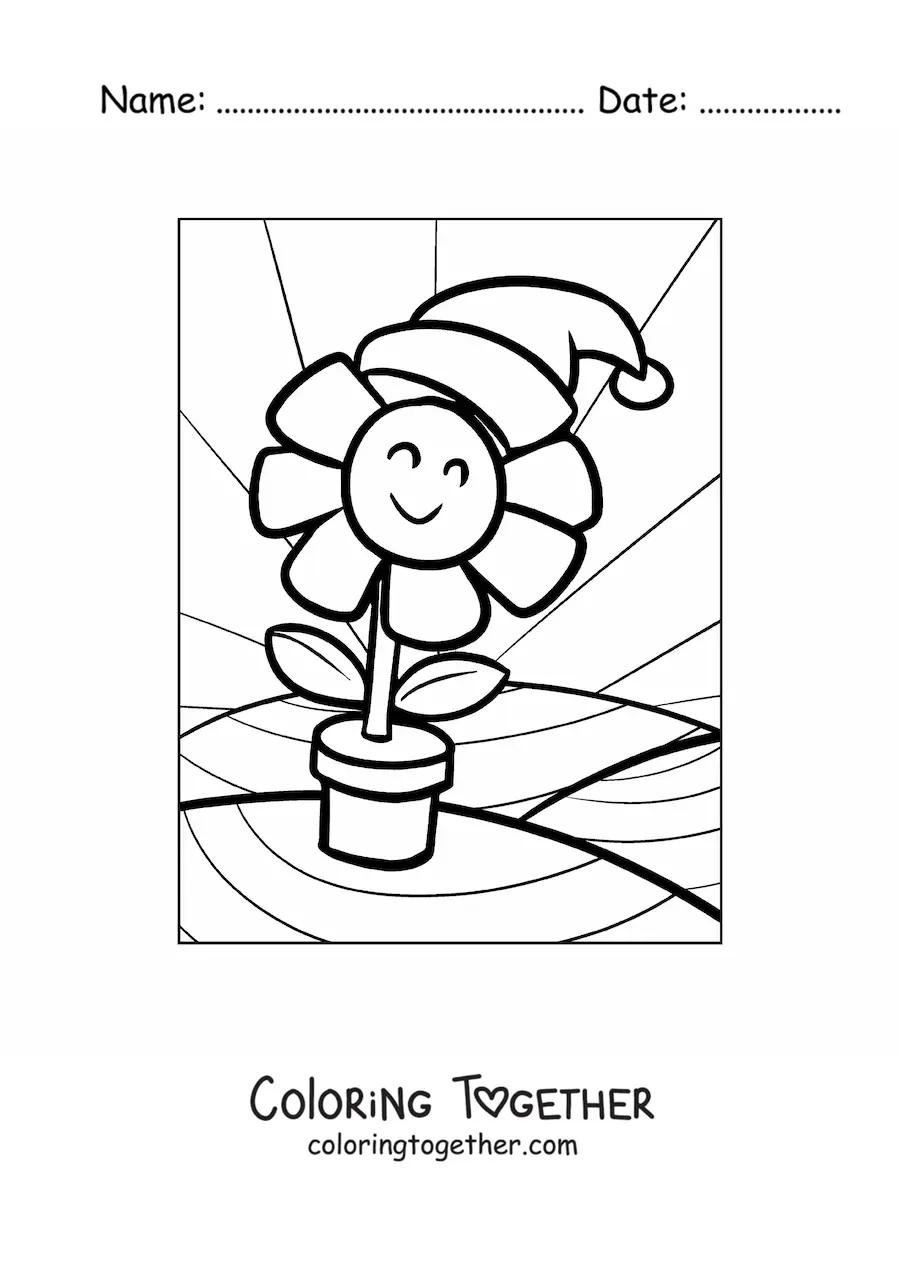 Coloring page of a cartoon flower with a Christmas hat