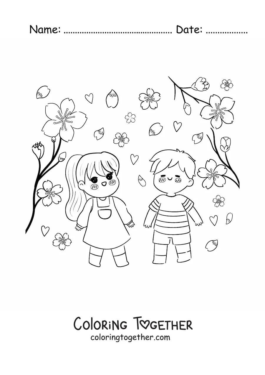 Coloring page of kawaii children watching cherry blossoms