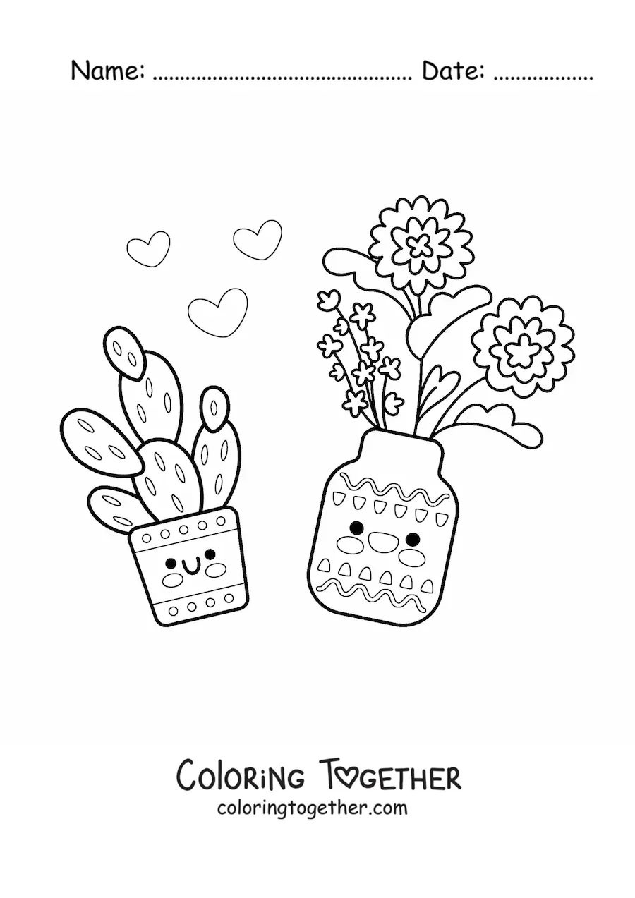 Coloring page of a pot with kawaii flowers next to a cactus