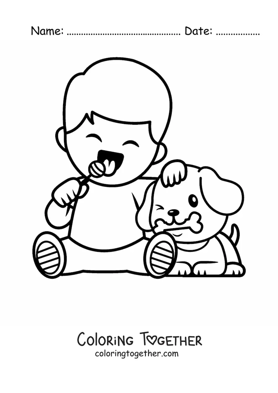 Coloring page of a boy eating a lollipop next to a puppy with its bone