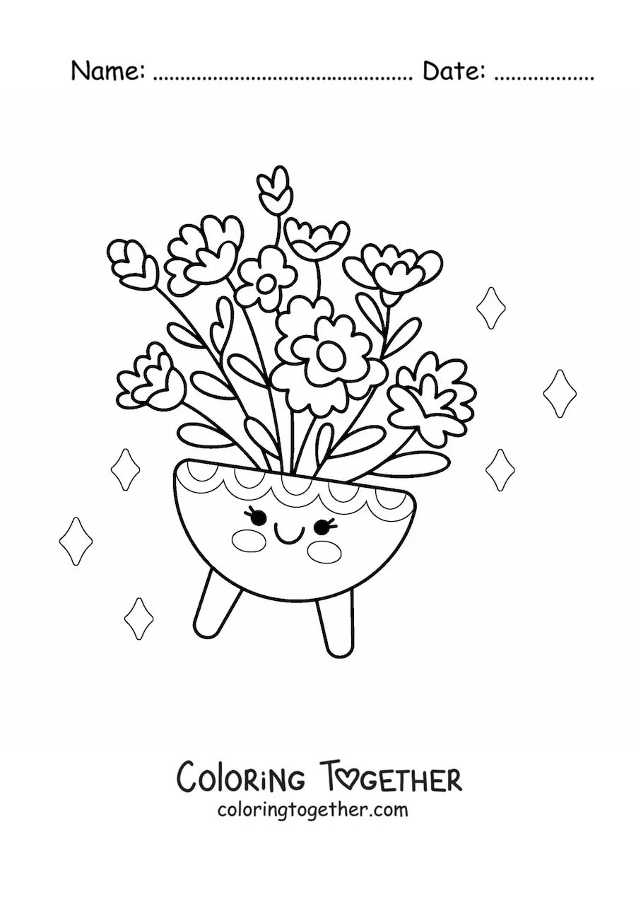 Coloring page of a big pot with kawaii flowers