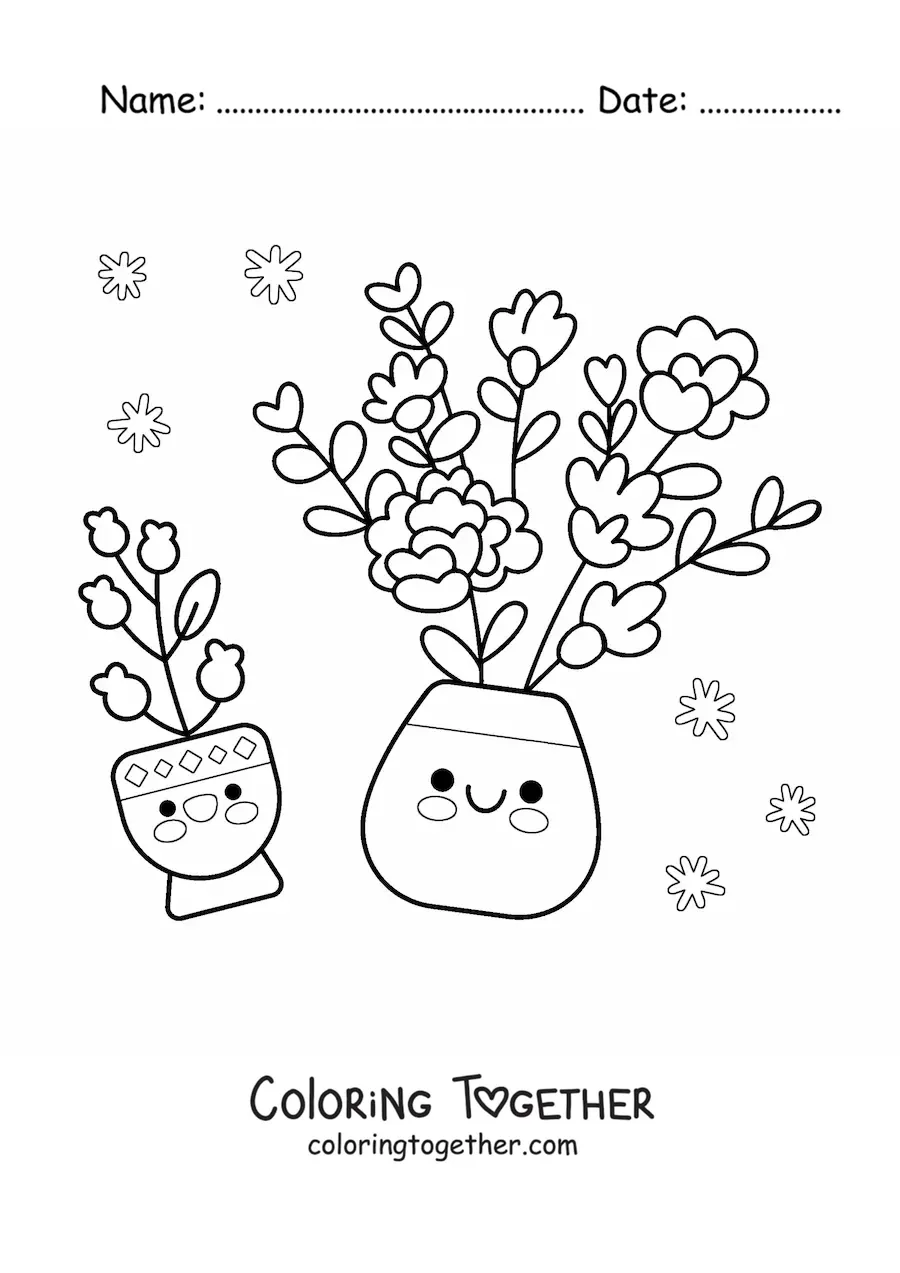 Coloring page of pretty pots with kawaii flowers