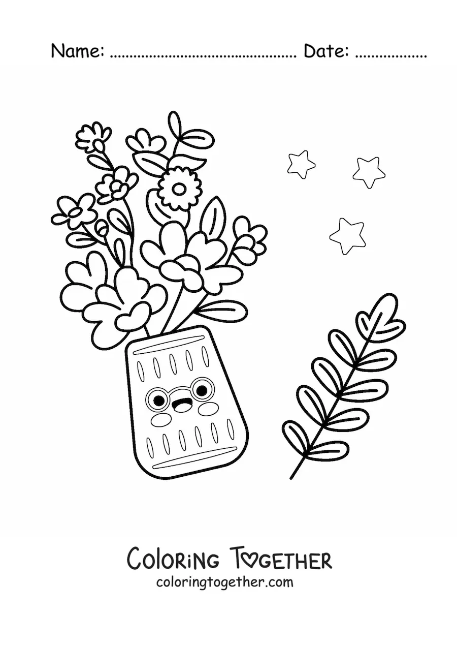 Coloring page of a pot with kawaii flowers and stars