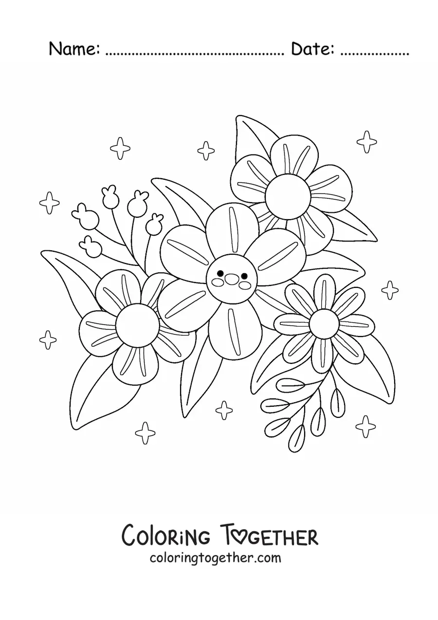 Coloring page of big kawaii flowers with leaves
