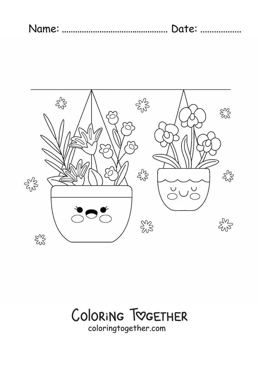 Coloring page of hanging pots with kawaii flowers