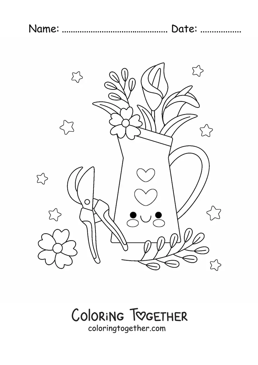 Coloring page of a vase of kawaii flowers next to pruning shears