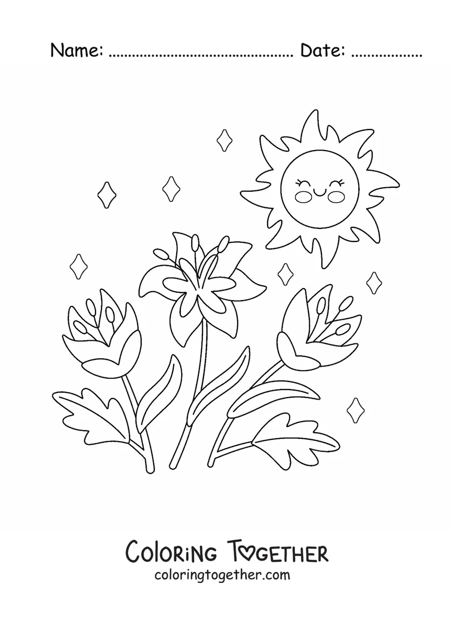 Coloring page of a kawaii sun with flowers