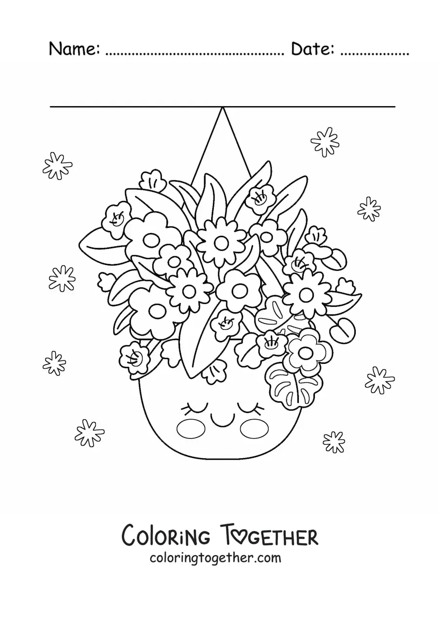 Coloring page of hanging pots with big kawaii flowers