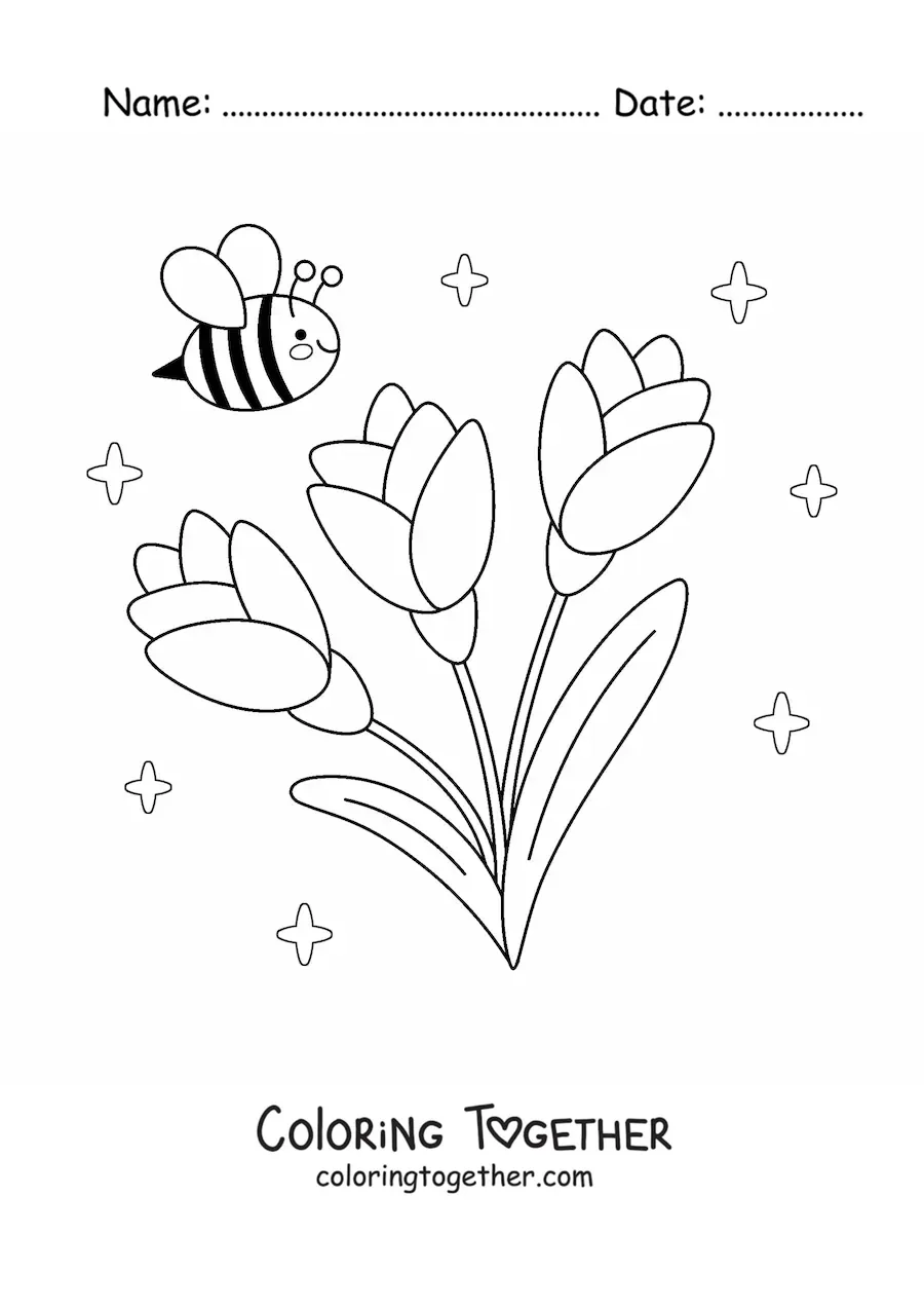 Coloring page of a kawaii bee with big flowers