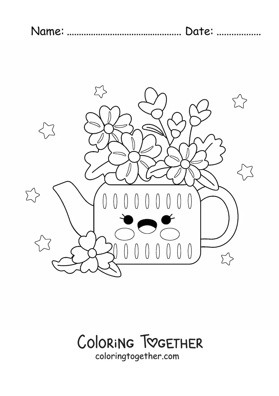 Coloring page of a vase of kawaii flowers with stars