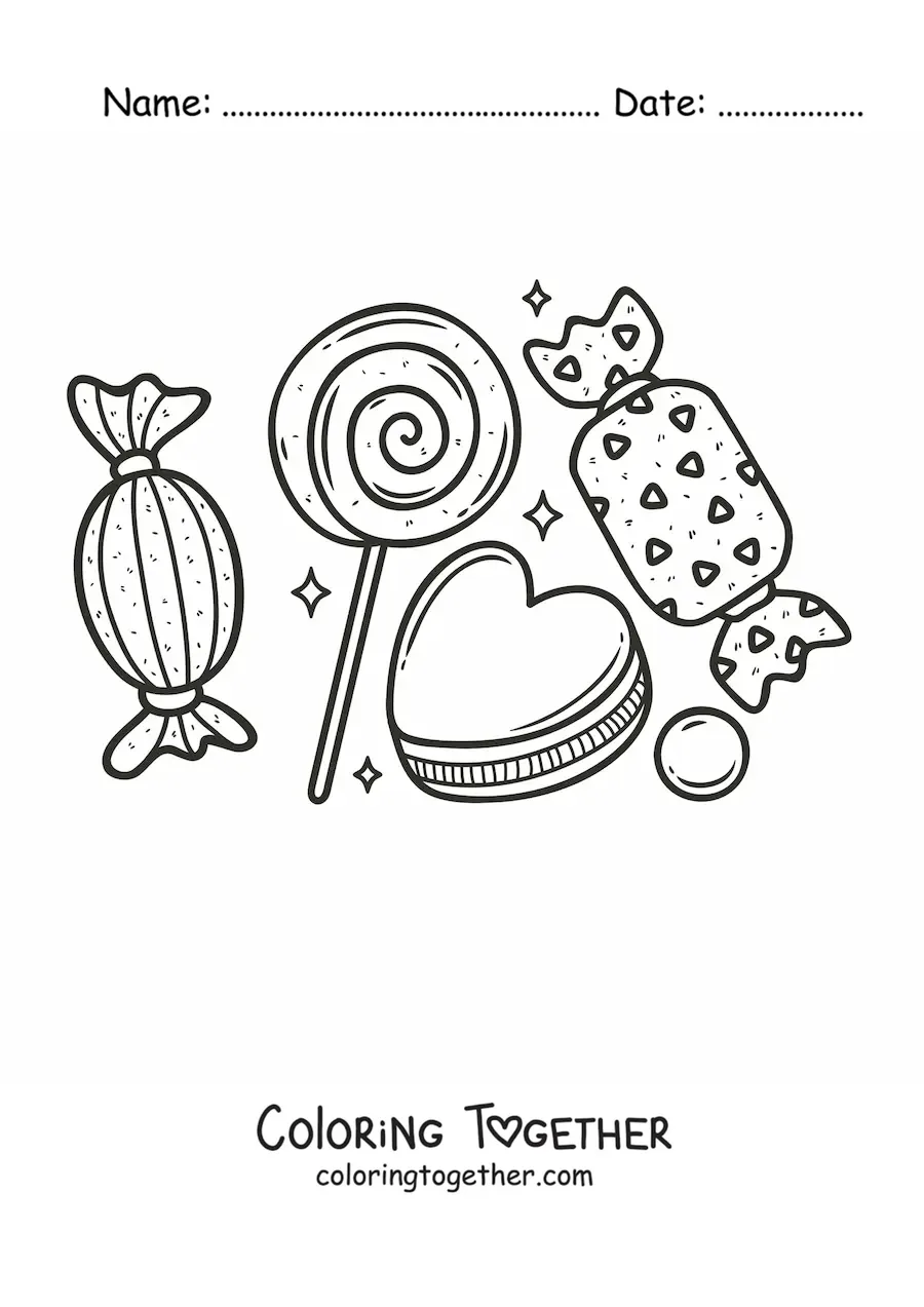 Coloring page of a lollipop, a heart-shaped cookie, and candies around them