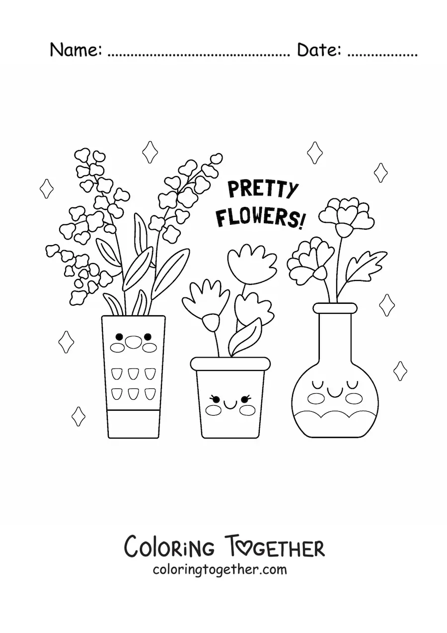 Coloring page of a vase and pots with pretty flowers