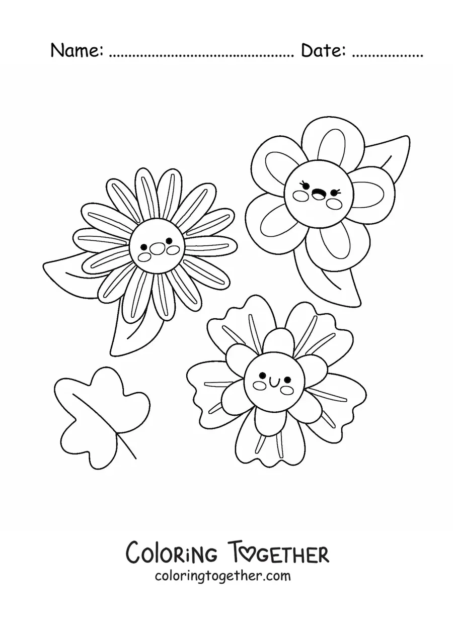 Coloring page of 3 big kawaii flowers