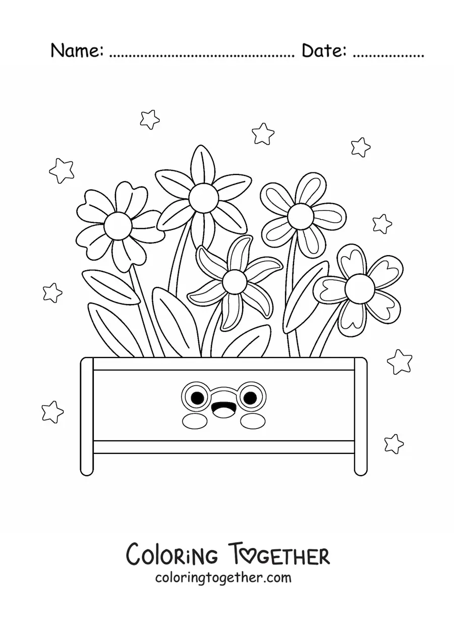 Coloring page of big flowers planted in a kawaii pot