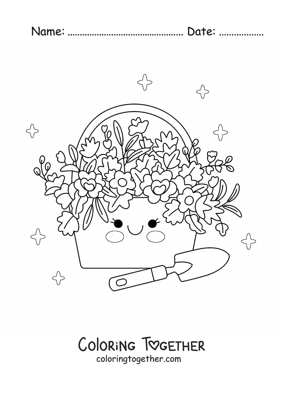 Coloring page of a kawaii basket with flowers next to a garden trowel