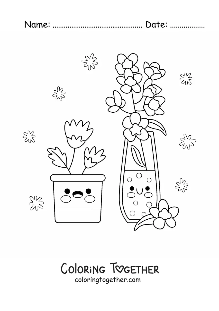 Coloring page of 2 flower pots with pretty flowers