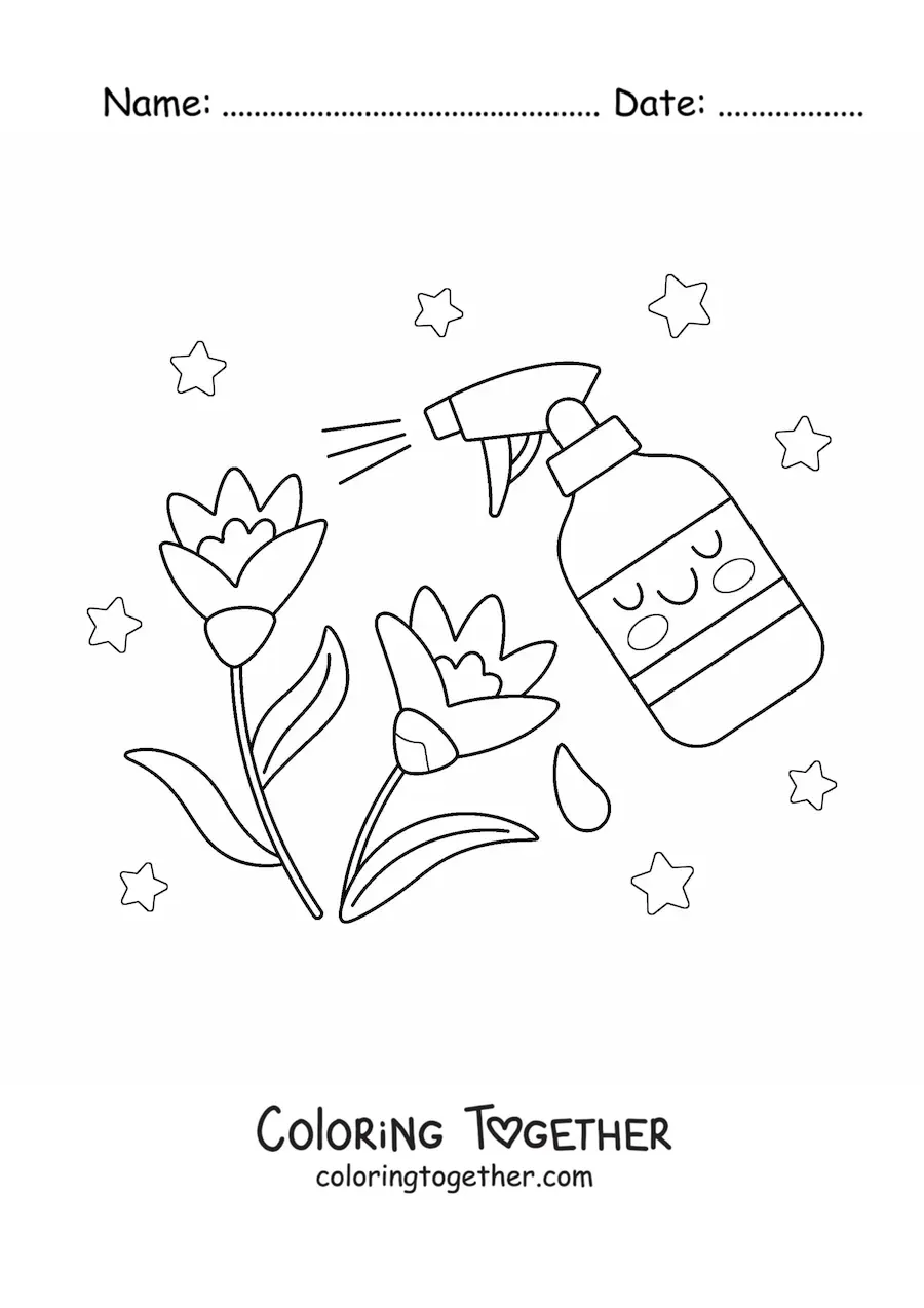 Coloring page of a kawaii spray bottle watering some flowers