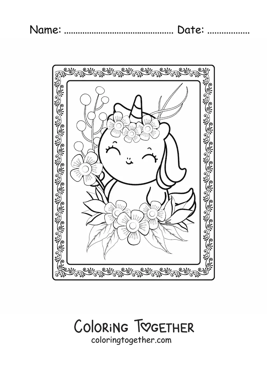 Coloring page of a big kawaii unicorn with flowers