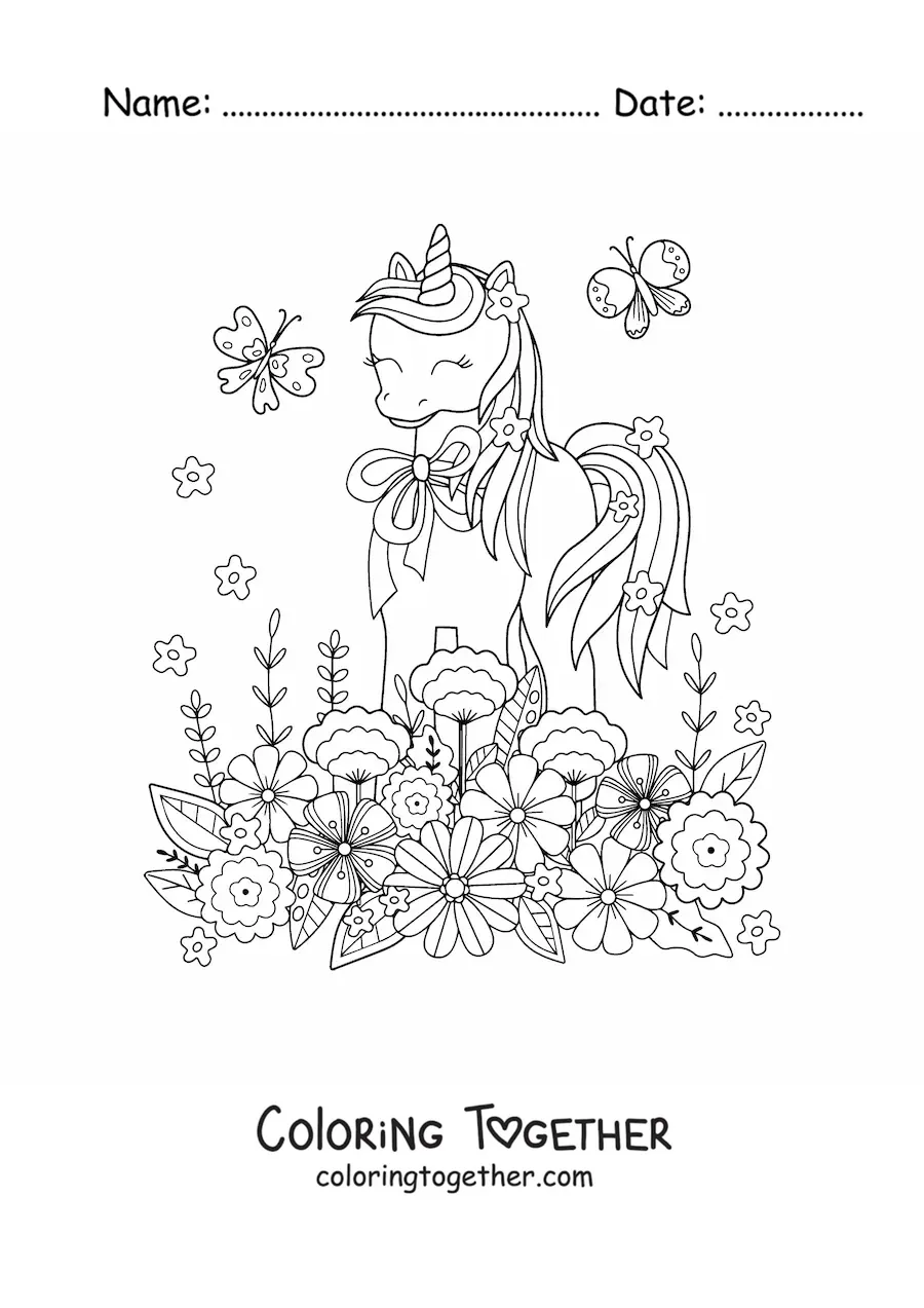 Coloring page of a kawaii unicorn with flowers and butterflies