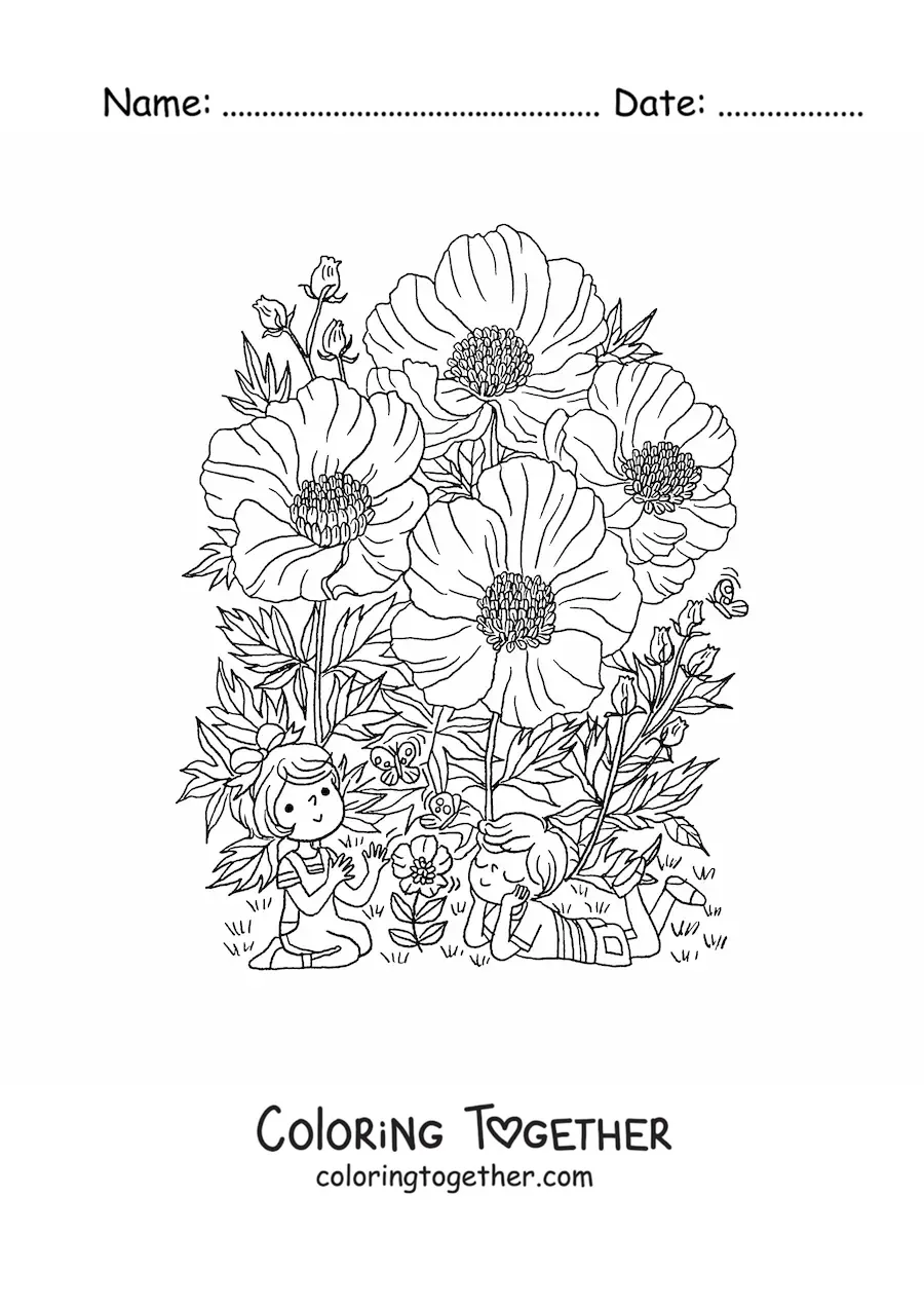 Coloring page of poppies with kawaii children