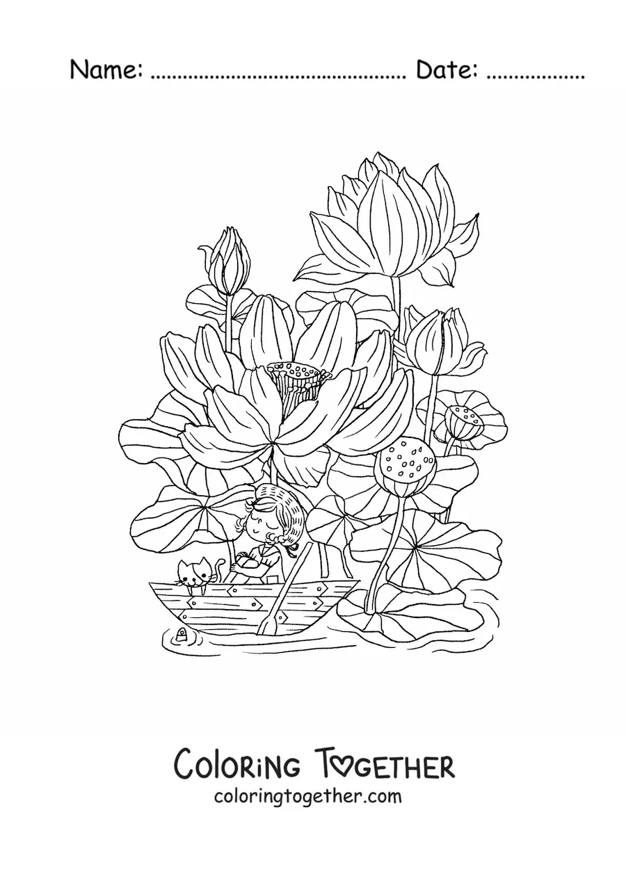 Coloring page of a lotus flower with a kawaii girl