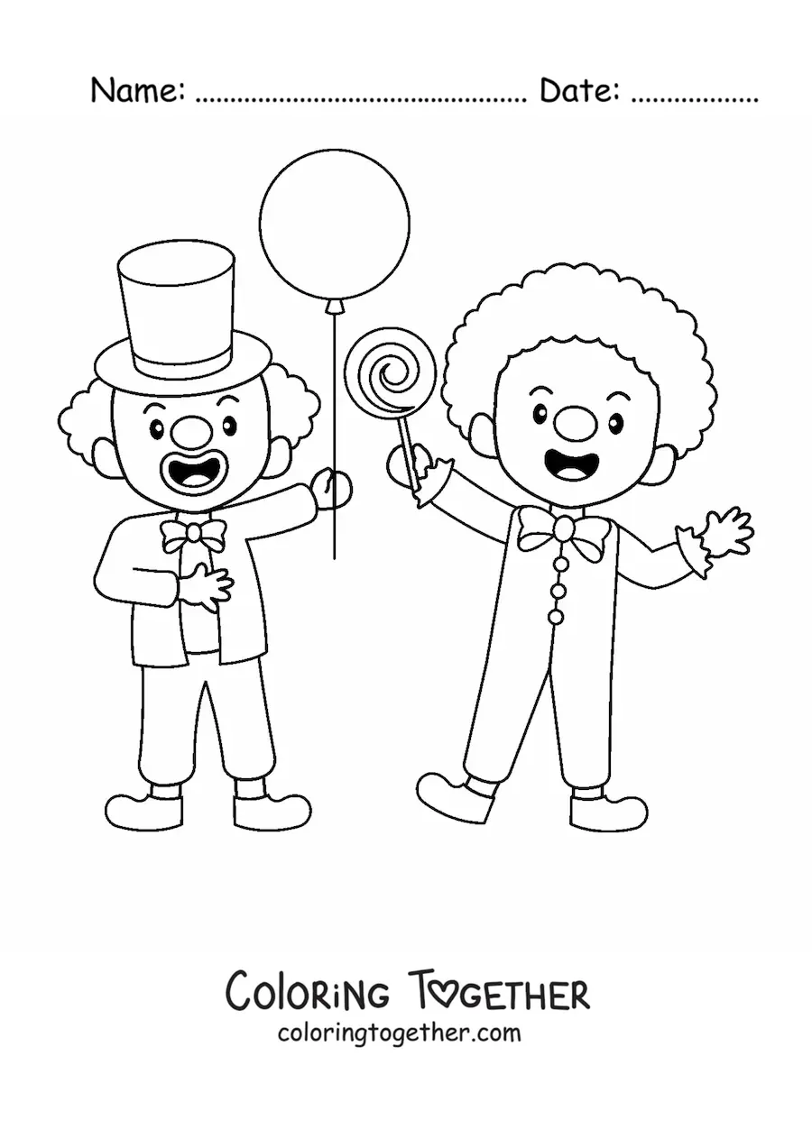 Coloring page of two clowns with a lollipop and a balloon