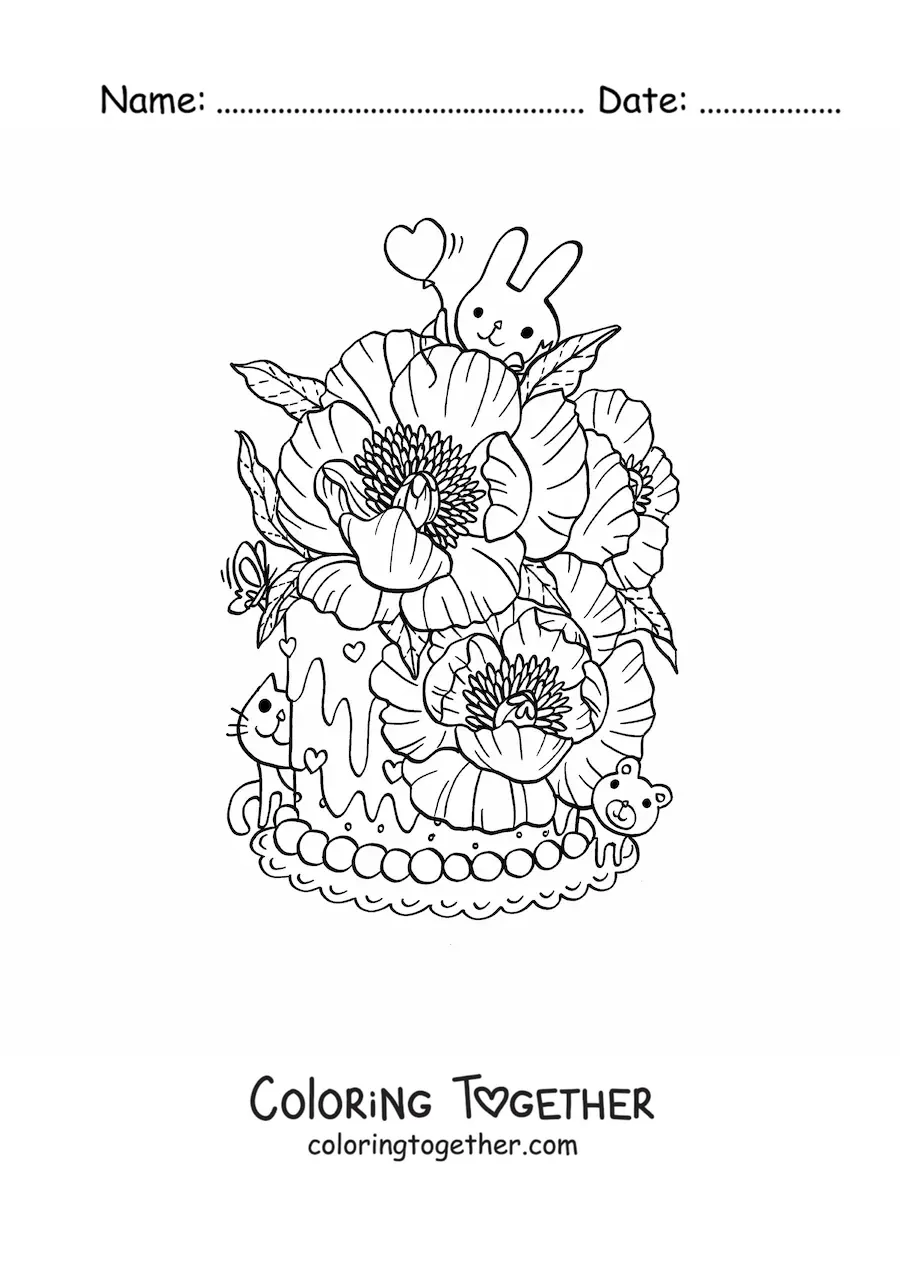 Coloring page of a cake with flowers with a kawaii rabbit and cat
