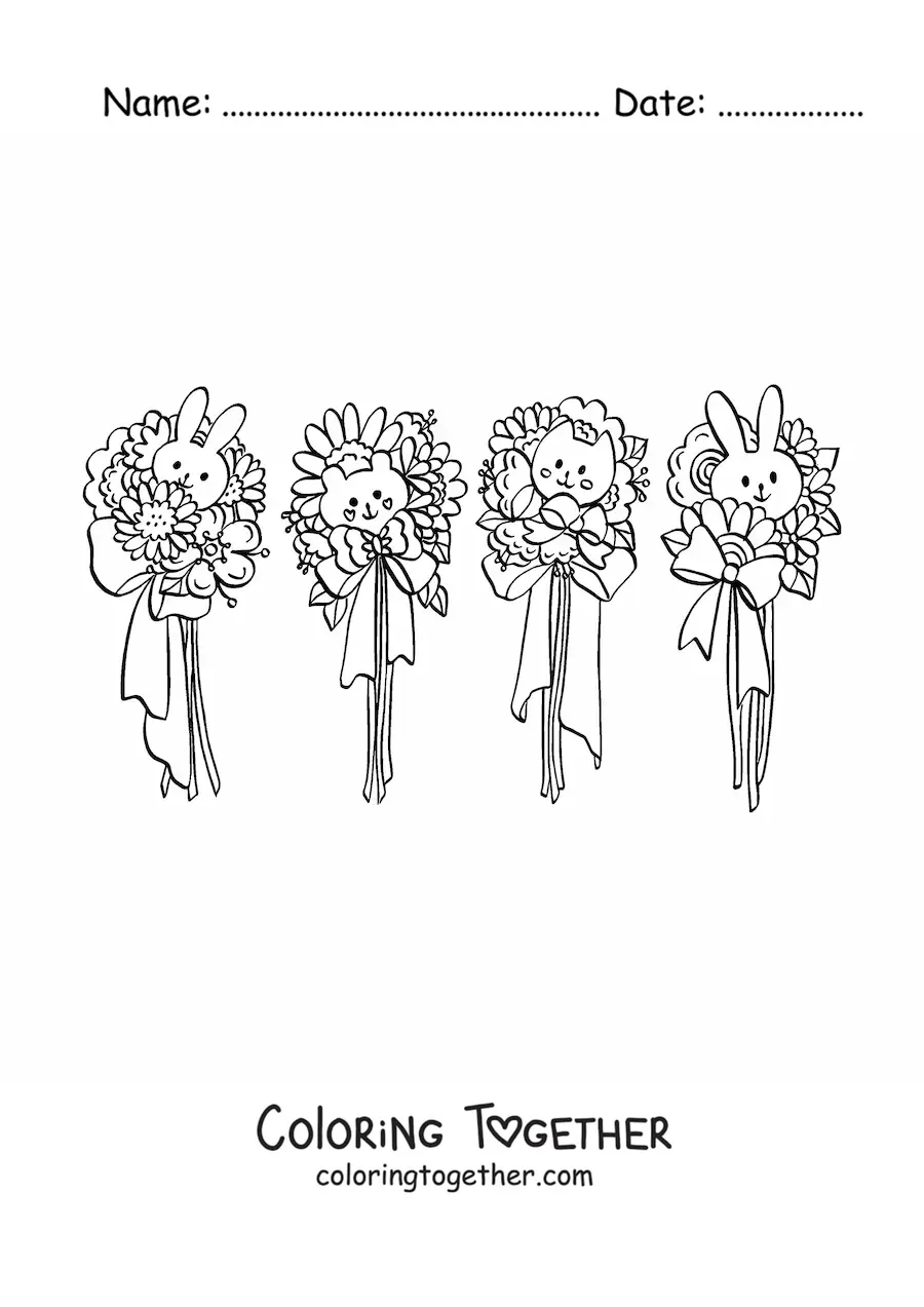 Coloring page of flowers with kawaii rabbits and a cat