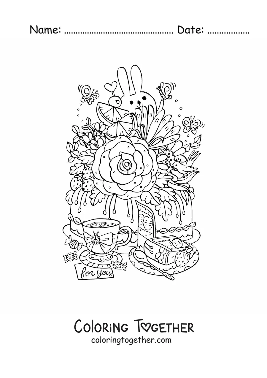 Coloring page of a cake with flowers and a teacup with a kawaii rabbit