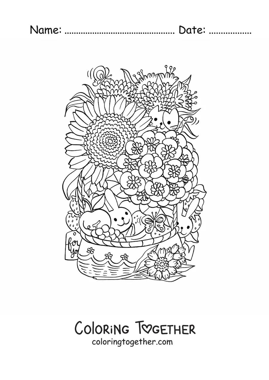 Coloring page of a fruit basket with flowers with kawaii rabbits and a cat