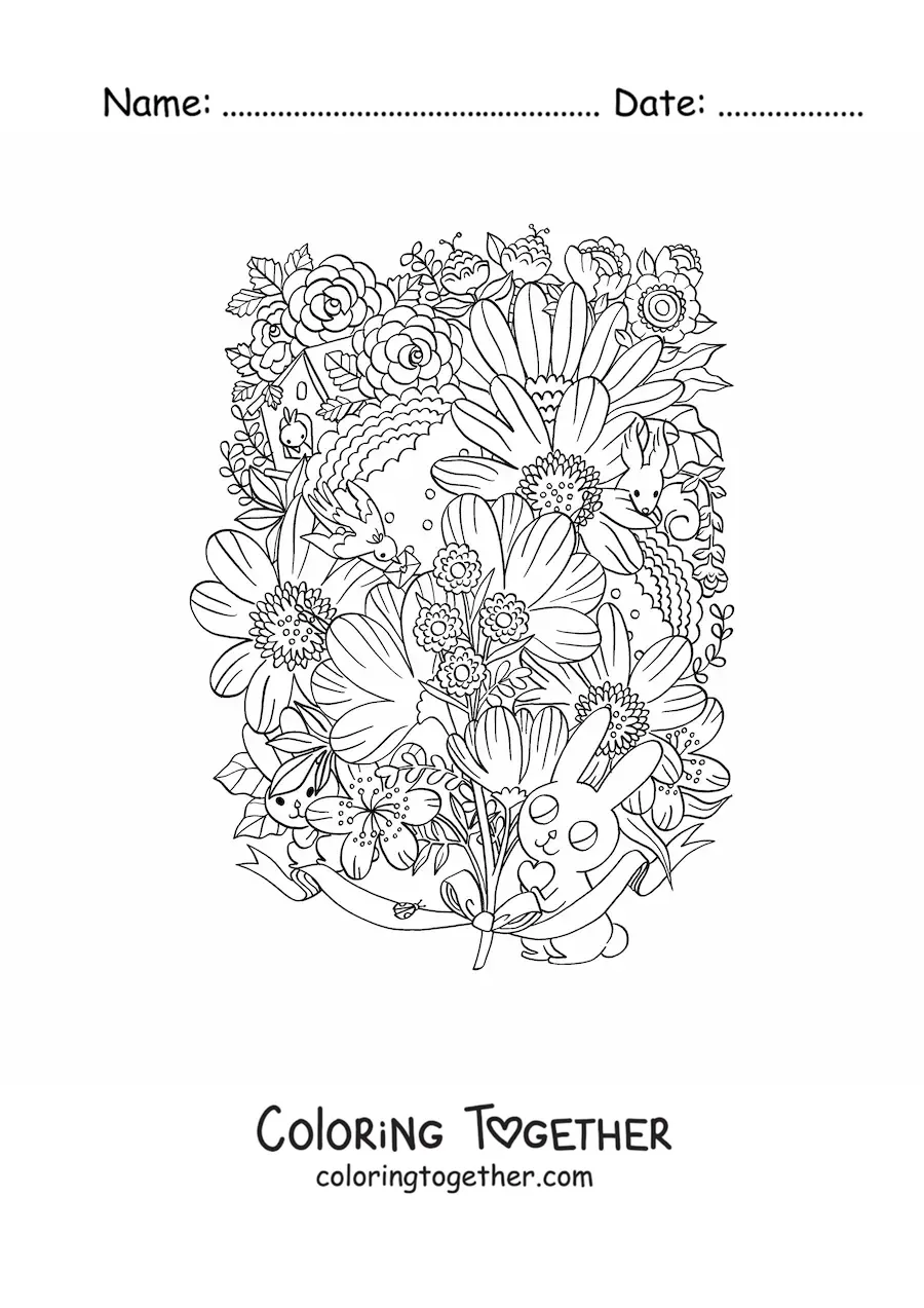 Coloring page of flowers with kawaii bunnies and animals